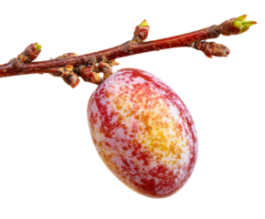 Single ripe speckled plum fruit with red and yellow skin hangs from a woody tree branch with fresh green buds, symbolizing new beginnings and the arrival of spring