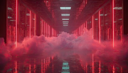 Futuristic server room illuminated by red neon lights and filled with red smoke