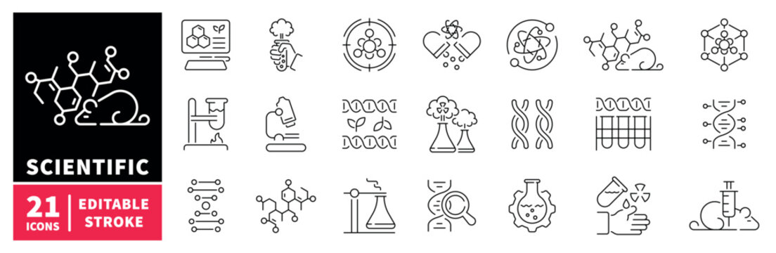 Science and research icons set. editable line icons, outline, lab and data symbols