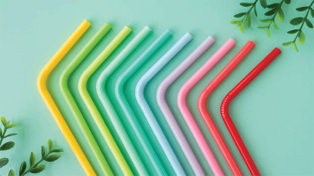 Colorful reusable straws on green background with leaves  eco friendly drinking straws