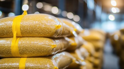Stack of plastic bags filled with yellow grain or pulses sealed for long term storage and preservation in a warehouse