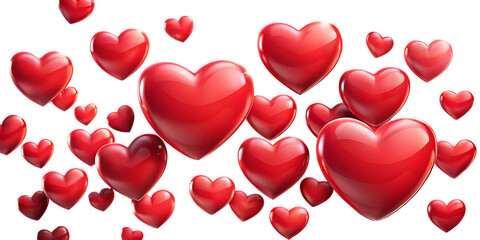 Multiple red hearts floating on white background isolated on a transparent background