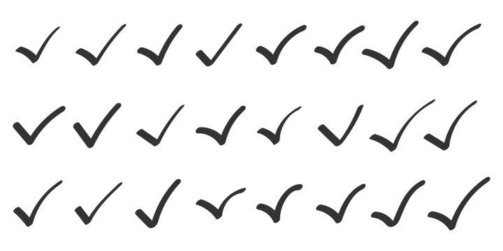 Check tick mark icon set, hand drawn doodle red cross box x check mark green checkbox v, sketch marker checklist symbol right and wrong set - stock vector. Hand drawn doodle grunge vector check mark. 