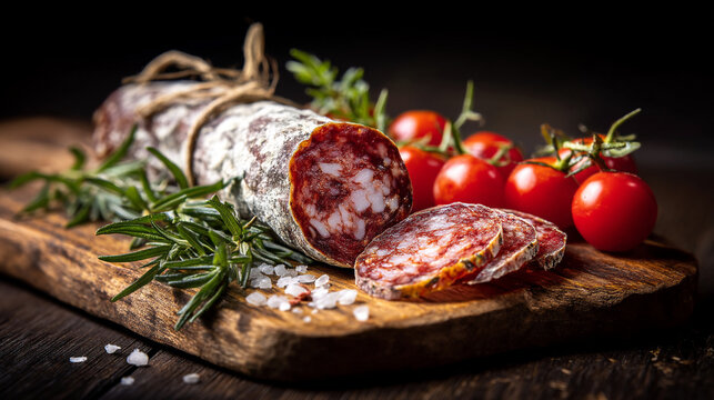 Traditional Italian Salami Roll with Slices, Cherry Tomatoes, and Rosemary on a Wooden Board