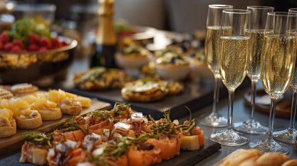 Naklejka premium Elegant Champagne Flutes with Bubbles at a Luxury Party Buffet with Gourmet Appetizers