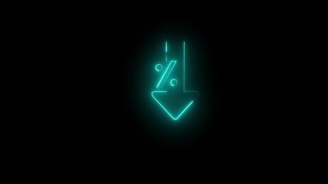 Cyan Neon Downward Arrow with Percent Symbol on Black background 4k animation video. 