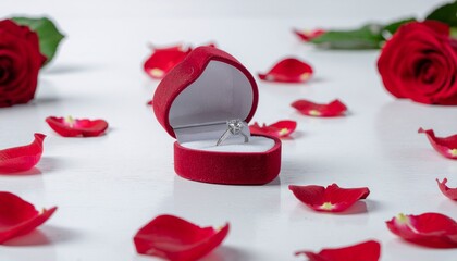 A red heart shaped jewelry box with a ring inside surrounded by scattered red rose petals on a white surface is visible