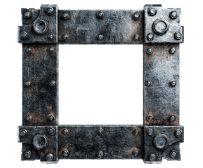 Heavy industrial square metal frame made from weathered steel plates joined by large bolts and rivets, featuring a rough, scratched, and rusty grunge texture
