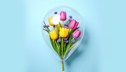 Bouquet of colorful tulips and daisies inside transparent glass balloon on blue background