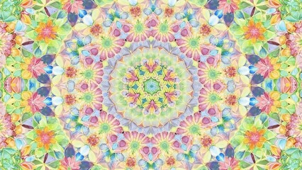 Obraz premium Vibrant kaleidoscopic floral mandala pattern with soft pastel colors, evoking a sense of peace and beauty.