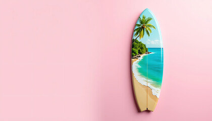 Surfboard with tropical beach palm trees ocean sunset print leaning on pink studio wall