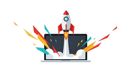 Rocket ship launching from laptop computer screen with colorful explosion