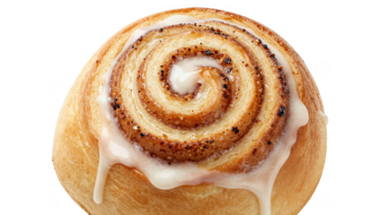 Swirled cinnamon roll with white sugar glaze and spice sprinkles on transparent background