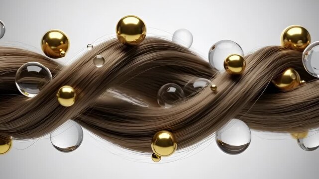 Wavy brown hair strands with golden and clear bubbles in a flowing pattern. Hair care serum advertising concept.