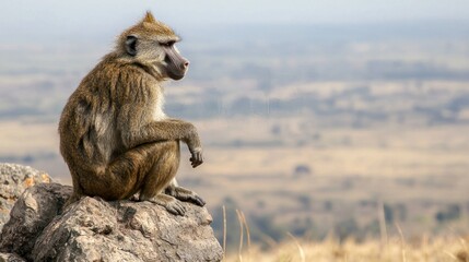 A baboon sitting on a rock and watching its surroundings