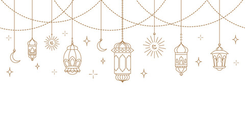 Arabic traditional Ramadan Kareem seamless garland with golden eastern lanterns, stars and crescent moon. Islamic oriental hanging line border, elegant vector illustration for greeting cards, posters  © Олия Низамутдинова
