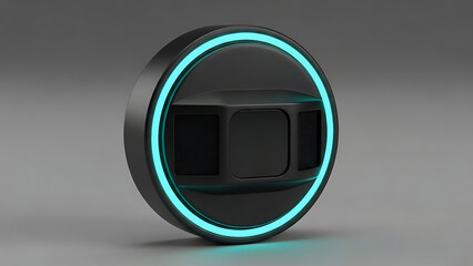 Modern abstract circular device with vibrant glowing cyan ring on gray background, high-tech design concept.