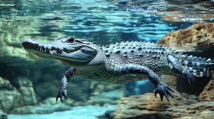 A crocodile swimming just below the water's surface
