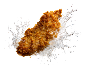 Golden brown breaded cutlet with a crispy texture is captured mid-air during a dynamic and powerful splash of clear water, creating an appetizing food concept