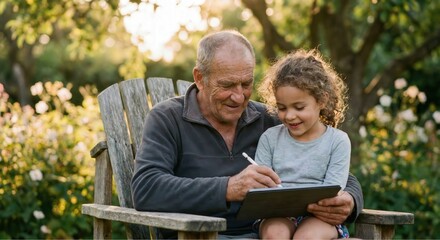 Fototapeta premium Happy grandfather and granddaughter using digital tablet and stylus in sunny garden. Senior man teaching young girl digital art on tablet sitting in wooden chair outdoors during summer sunset.