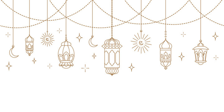 Arabic traditional Ramadan Kareem seamless garland with golden eastern lanterns, stars and crescent moon. Islamic oriental hanging line border, elegant vector illustration for greeting cards, posters 