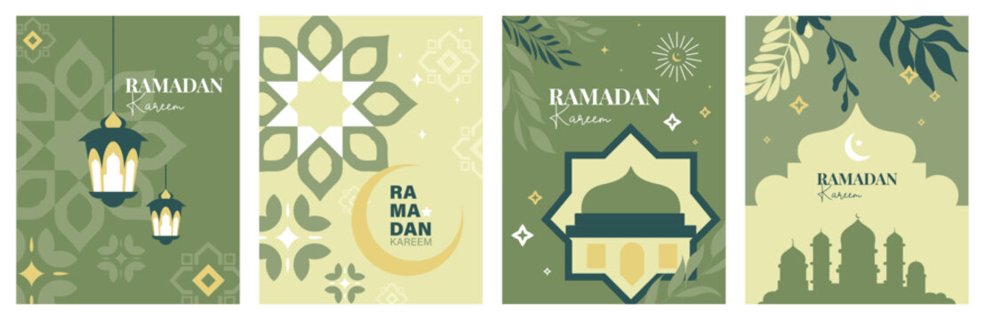 Ramadan Kareem flat geometric design set with mosque, buildings, crescent moon  Vector banners, posters, greeting cards and covers with patterns and modern typography