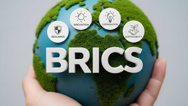 BRICS Globe with Icons for Resilience, Innovation, Cooperation, Sustainability