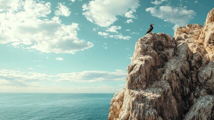 A puffin perched on a rocky cliff, overlooking the sea