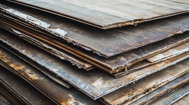 Stacked layers of damaged metal roofing panels showing rust and weathering