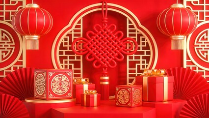 2026 Lunar New Year Podium with Horse Zodiac and Traditional Decorations