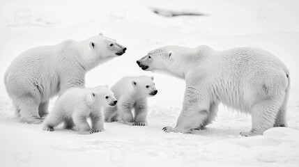 A polar bear and her cubs playing on the snow