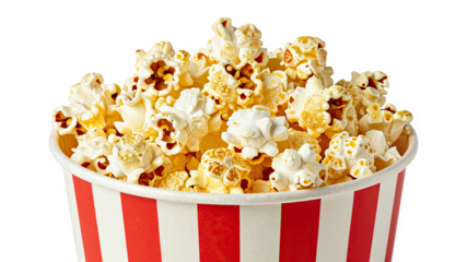 Large bucket of buttery popcorn in a striped container for movies cinema