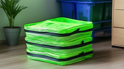 Stack of vibrant green travel packing cubes with black zippers neatly folded and arranged for efficient organization