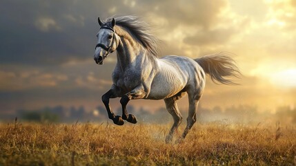 A wild horse galloping across a grassy plain