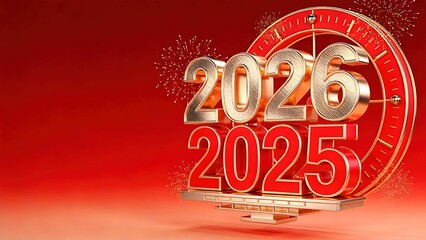 3D 2025 and 2026 New Year Transition in Red and Gold
