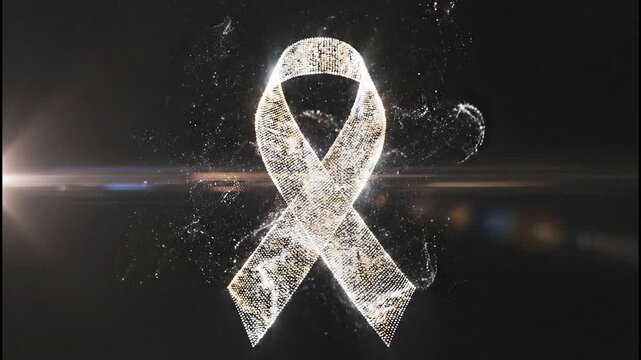 A minimal cancer awareness background hologram featuring a glowing white ribbon with a subtle lens flare effect on a dark background, conveying a sense of hope and support.