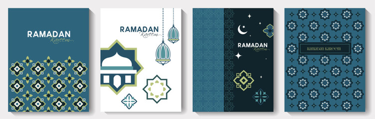 Ramadan Kareem design set for banners, posters, greeting cards and covers featuring a mosque, crescent moon, stars. Flat geometric style, soft colors, modern typography and patterned background © Олия Низамутдинова