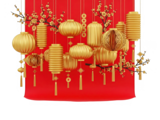 Vibrant chinese lantern display isolated on transparent background