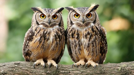 A pair of owls sitting side by side on a tree branch