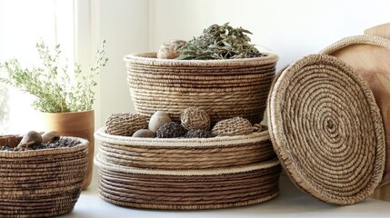 Stack of woven natural reed and grass baskets used for storage and decor