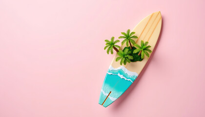 Surfboard with tropical beach palm trees ocean sunset print leaning on pink studio wall