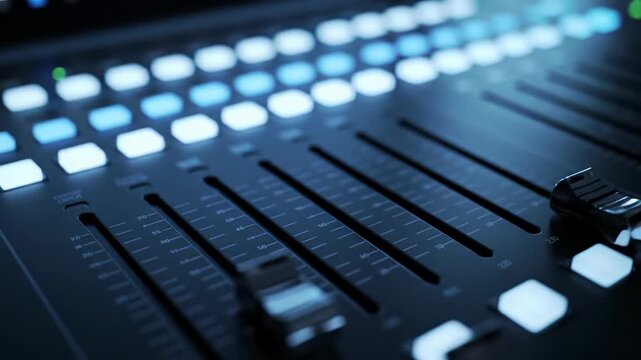 A futuristic control console, matte black with chrome accents, features linear faders and cool-toned LED lights sliding and pulsing with precision, bathed in cinematic lighting. Concept of advanced