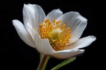 Close up of white pasqueflower with yellow stamens on black background