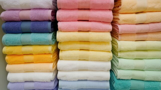 Stacks of clean soft towels folded in uniform piles of various colors