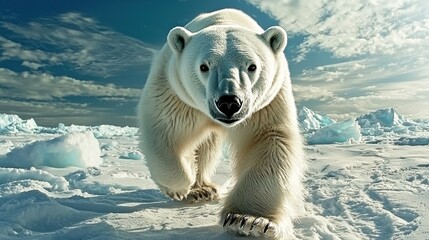 A polar bear wandering across the Arctic ice