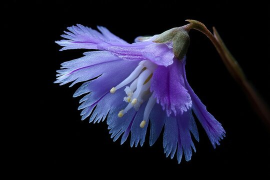 Side view of purple snowbell flower with translucent fringed petals