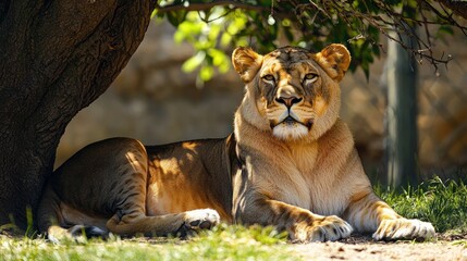 A lioness resting in the shade under a tree