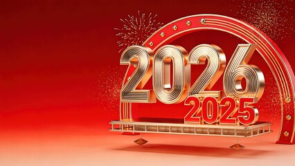 3D 2025 and 2026 New Year Transition in Red and Gold