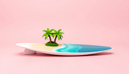 Surfboard with tropical beach palm trees ocean sunset print leaning on pink studio wall