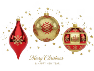 Elegant christmas ornaments with snowflakes and stars isolated on transparent background